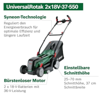 Aku sekačka Bosch UniversalRotak 2x18V-37-550 do 500 m2 s 2X 4,0 Ah bateriemi 18 voltový systém Šířka řezu 37 cm 2X 18V 4,